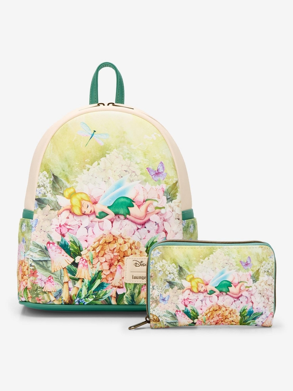 New! Loungefly Disney Peter Pan Tinker Bell Flowers Mini Backpack + WALLET